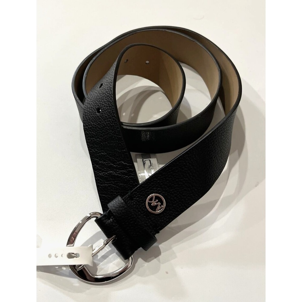 Michael Kors women's logo 1.5" wide Leather Belt - Black / Silver - size Large